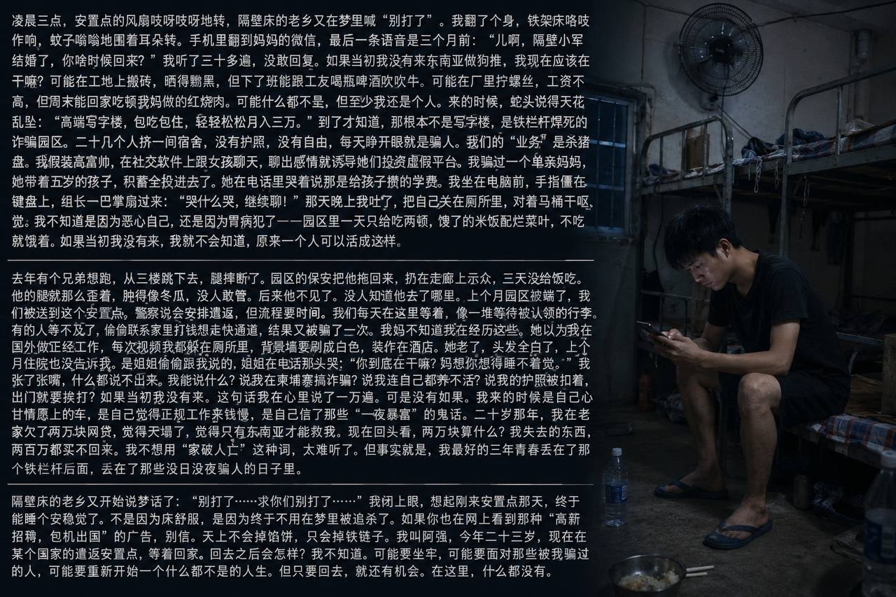 凌晨三点，安置点的风扇吱呀吱呀地转，隔壁床的老乡又在梦里喊“别打了”。